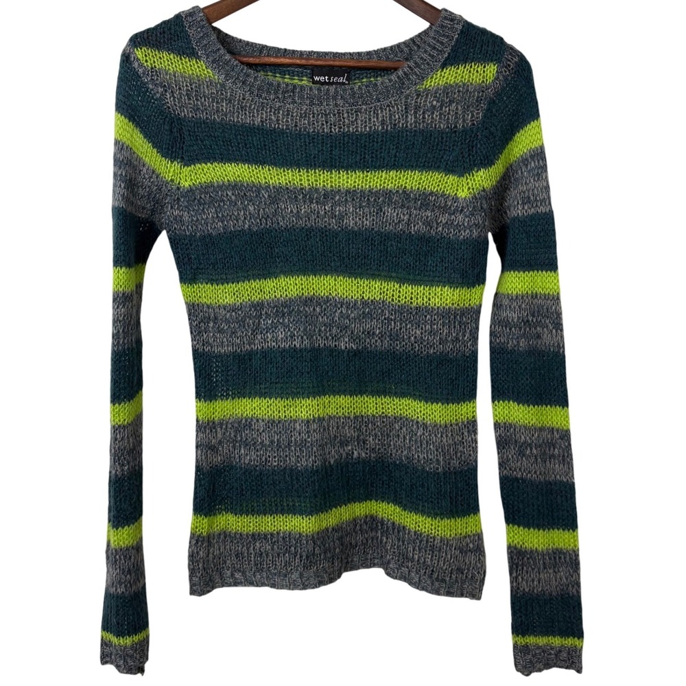 Vintage Y2K Sweater Bella Swan Green Gray Stripe Womens XS Long Sleeves Knit